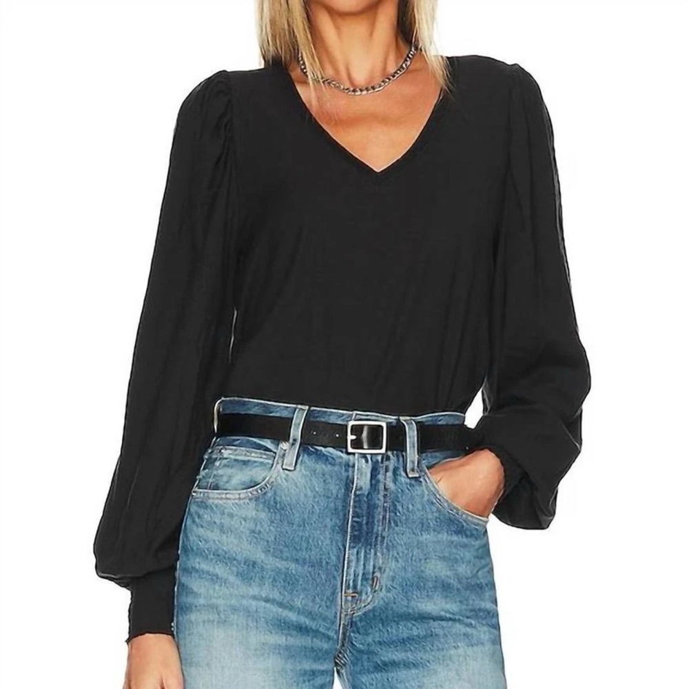 Nation Ltd Tabitha Black Cotton V-Neck Puff Long Sleeve Blouse Top XS